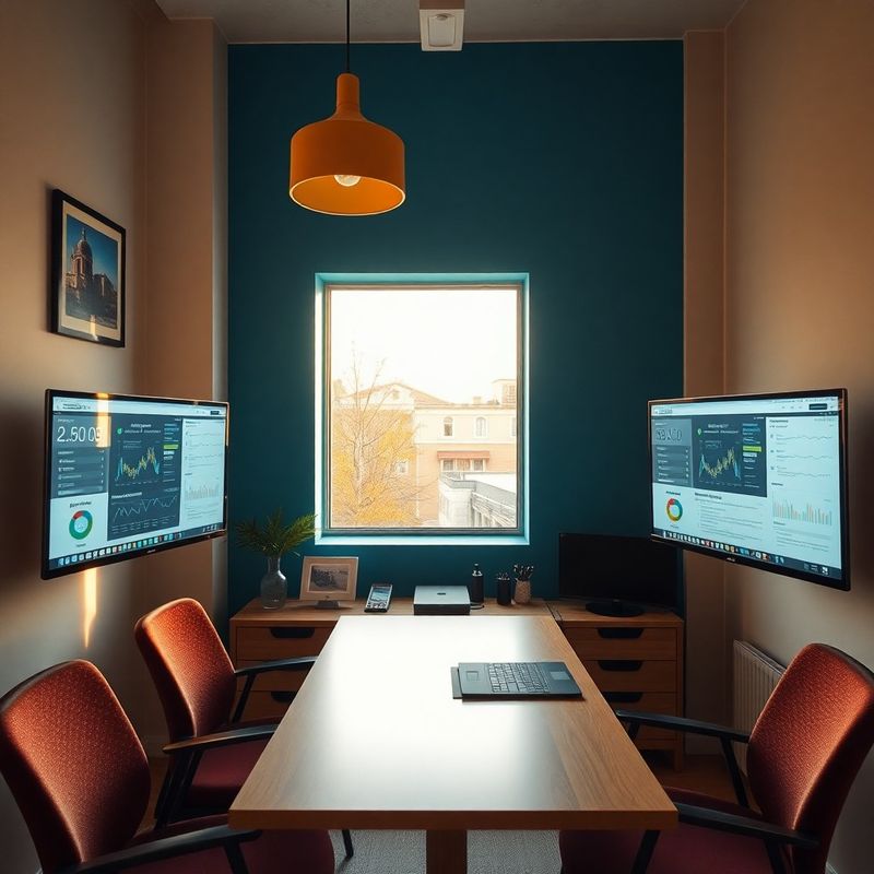 Interiorul unui birou de jurnalism cu două monitoare de date