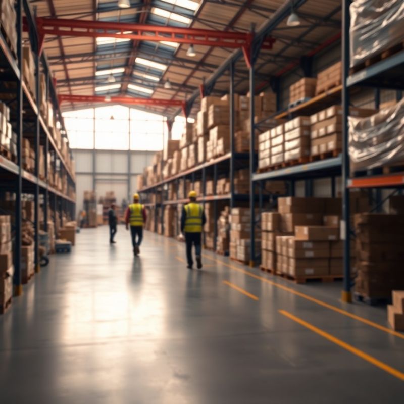 Interior modern de depozit logistic din România, cu lucrători în plan îndepărtat